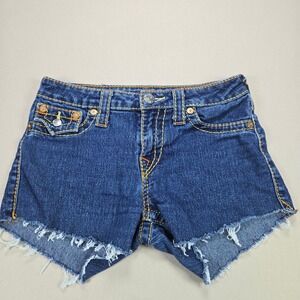True Religion Denim Shorts Womens Big T Multi Stitch Cut Off Blue Size 28